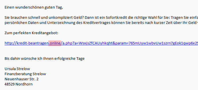 ngTLD .online in einer Phishing und Spam E-Mail
